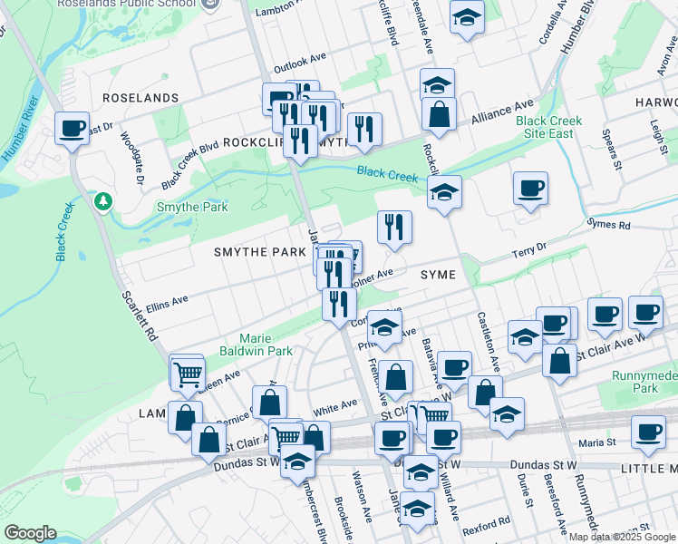 map of restaurants, bars, coffee shops, grocery stores, and more near 230 Woolner Avenue in Toronto