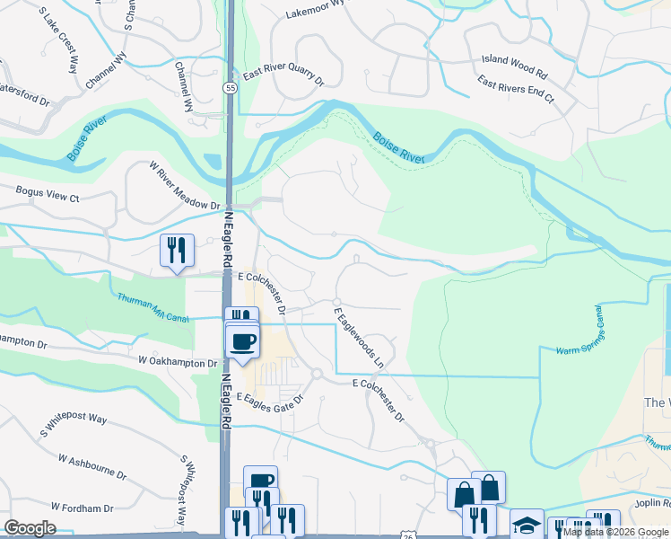 map of restaurants, bars, coffee shops, grocery stores, and more near 458 East Lake Briar Lane in Eagle