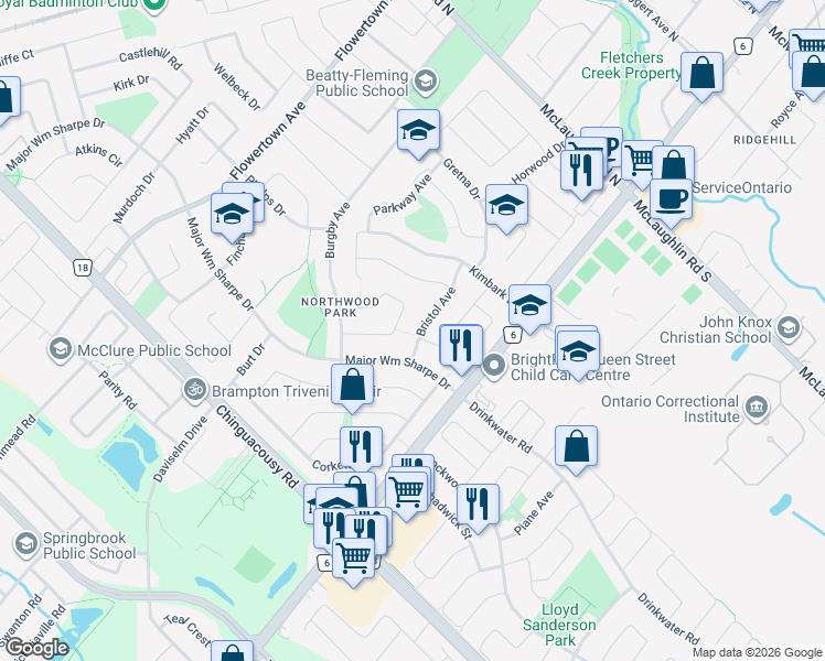 map of restaurants, bars, coffee shops, grocery stores, and more near 28 Bristol Avenue in Brampton