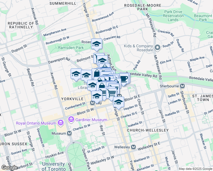 map of restaurants, bars, coffee shops, grocery stores, and more near 18 Yorkville Avenue in Toronto