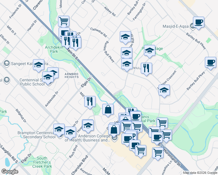 map of restaurants, bars, coffee shops, grocery stores, and more near 1 Pine Ridge Lane in Brampton