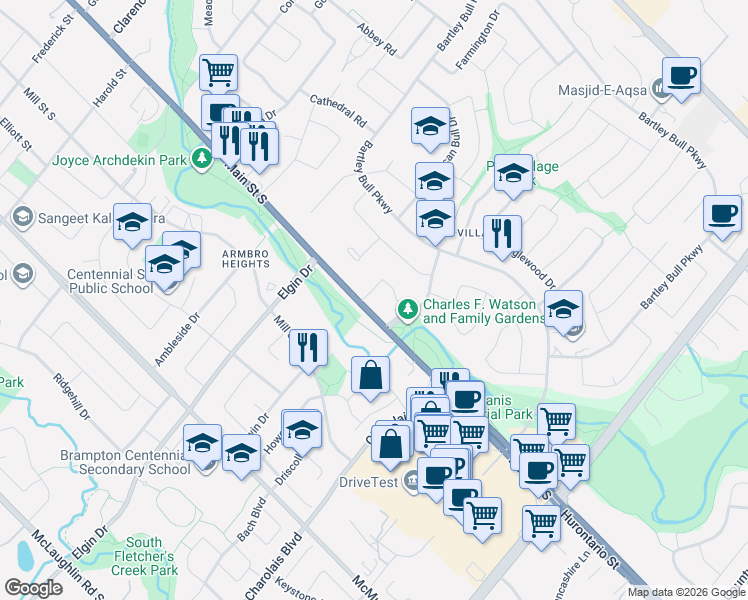 map of restaurants, bars, coffee shops, grocery stores, and more near 20 Pine Ridge Lane in Brampton
