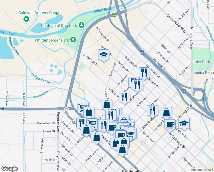 map of restaurants, bars, coffee shops, grocery stores, and more near 312 Boise Avenue in Caldwell