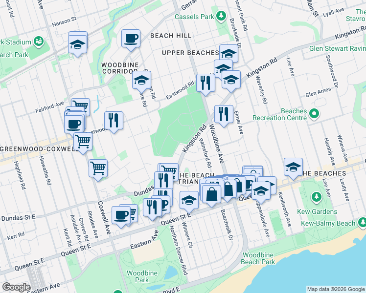 map of restaurants, bars, coffee shops, grocery stores, and more near 204 Kingston Road in Toronto