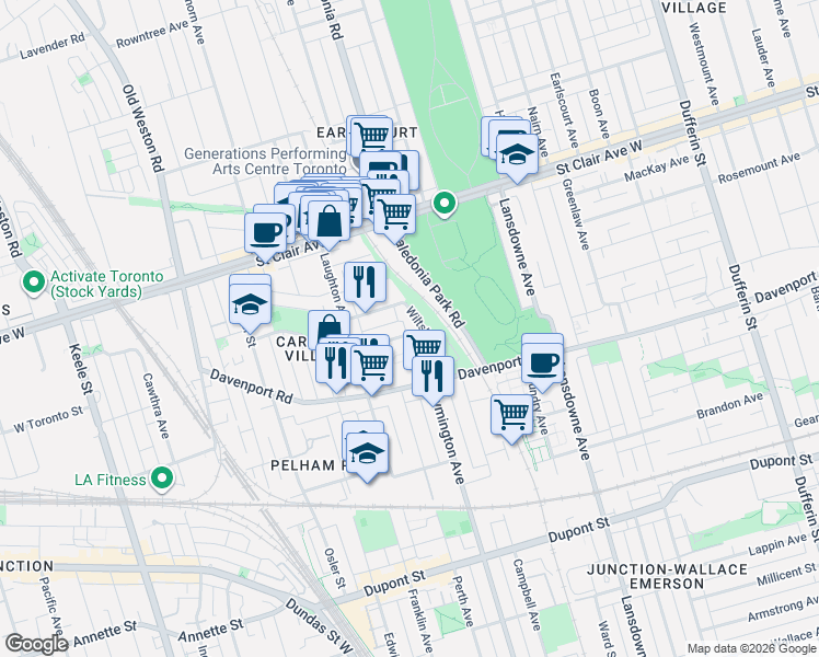 map of restaurants, bars, coffee shops, grocery stores, and more near 180 Wiltshire Avenue in Toronto