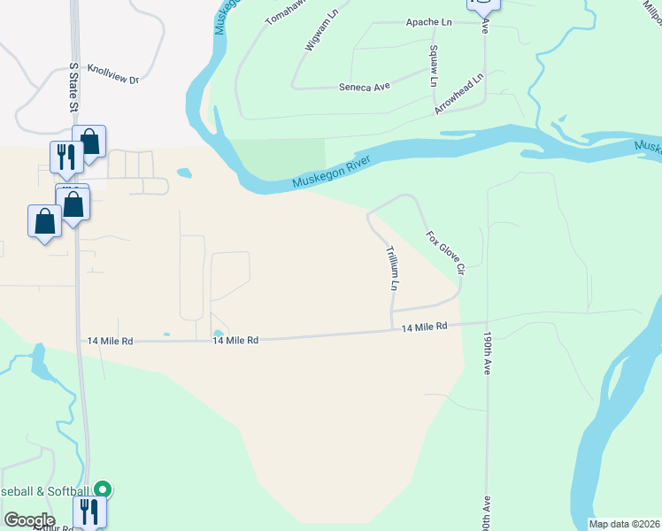map of restaurants, bars, coffee shops, grocery stores, and more near 19400 14 Mile Road in Big Rapids