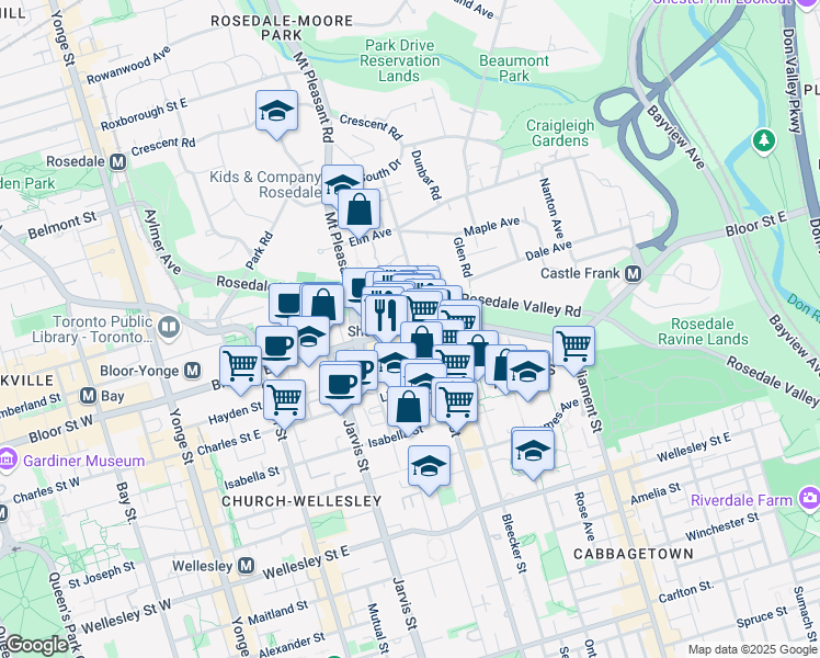 map of restaurants, bars, coffee shops, grocery stores, and more near 395 Bloor Street East in Toronto