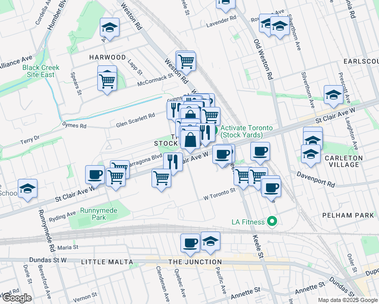 map of restaurants, bars, coffee shops, grocery stores, and more near 1980 Saint Clair Avenue West in Toronto