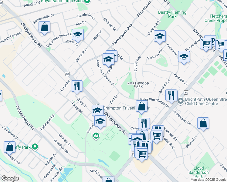 map of restaurants, bars, coffee shops, grocery stores, and more near 120 Candy Crescent in Brampton
