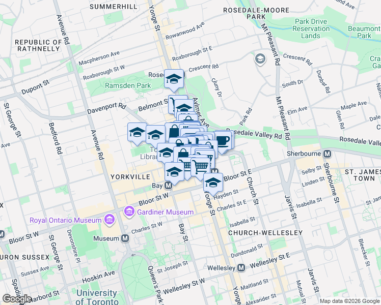 map of restaurants, bars, coffee shops, grocery stores, and more near 18 Yorkville Avenue in Toronto