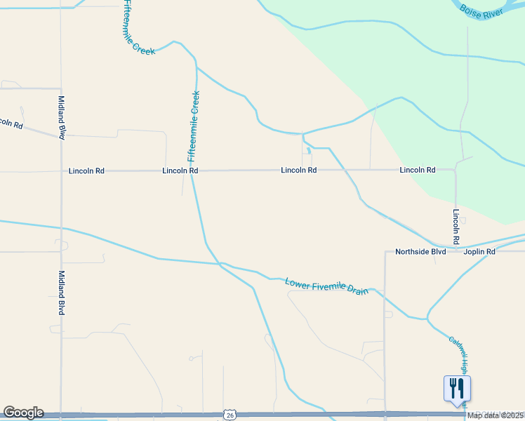 map of restaurants, bars, coffee shops, grocery stores, and more near 9367 Lincoln Road in Caldwell