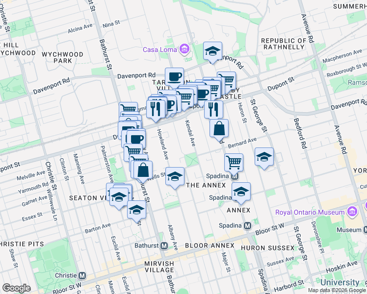map of restaurants, bars, coffee shops, grocery stores, and more near 479 Brunswick Avenue in Toronto