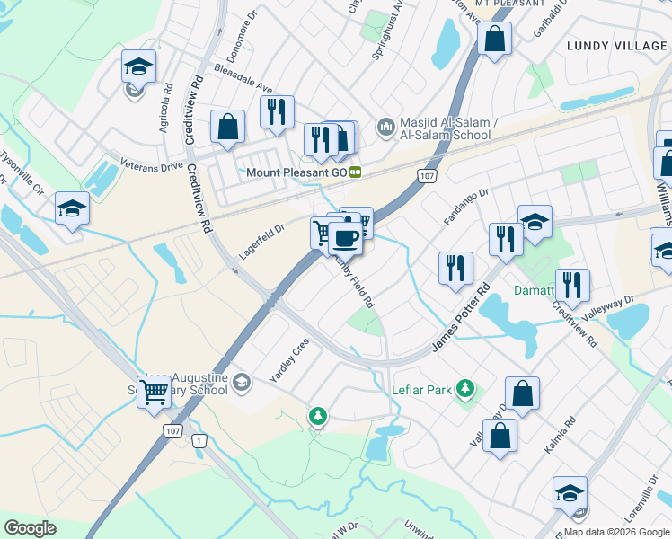 map of restaurants, bars, coffee shops, grocery stores, and more near 136 Frenchpark Circle in Brampton