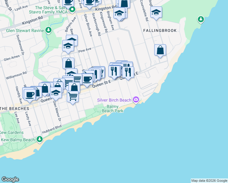 map of restaurants, bars, coffee shops, grocery stores, and more near 9 Balmy Avenue in Toronto