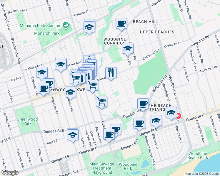 map of restaurants, bars, coffee shops, grocery stores, and more near 30 Highcroft Road in Toronto