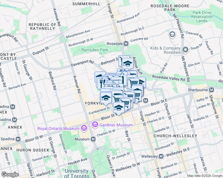 map of restaurants, bars, coffee shops, grocery stores, and more near 1300 Bay Street in Toronto