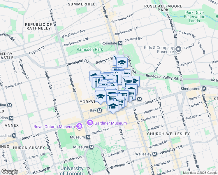 map of restaurants, bars, coffee shops, grocery stores, and more near 1315 Bay Street in Toronto