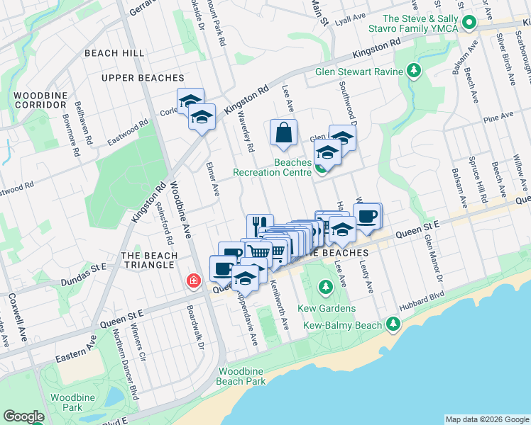 map of restaurants, bars, coffee shops, grocery stores, and more near 172 Waverley Road in Toronto