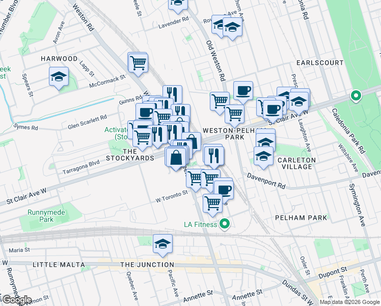 map of restaurants, bars, coffee shops, grocery stores, and more near 186 Mulock Avenue in Toronto