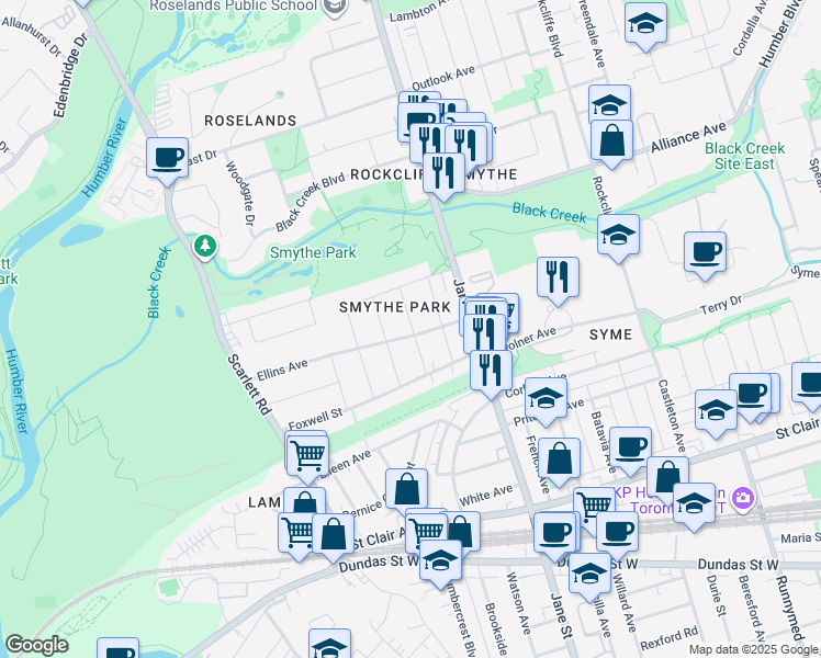 map of restaurants, bars, coffee shops, grocery stores, and more near 20 Duern Street in Toronto