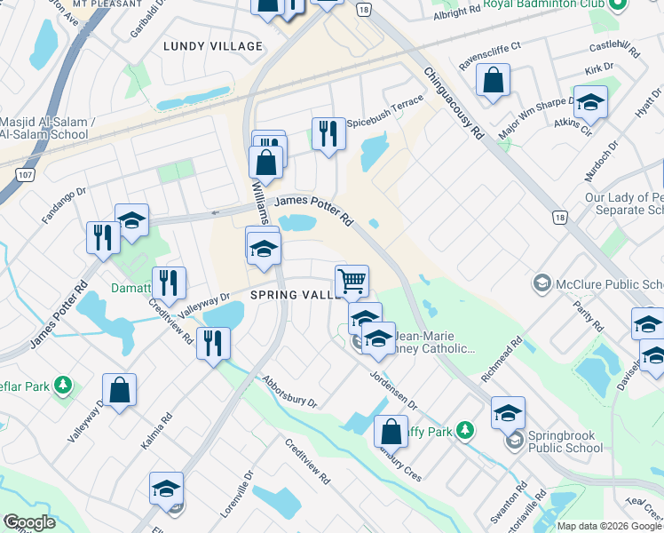 map of restaurants, bars, coffee shops, grocery stores, and more near 138 Degrassi Cove Circle in Brampton