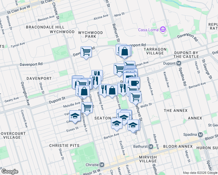 map of restaurants, bars, coffee shops, grocery stores, and more near 529 Dupont Street in Toronto