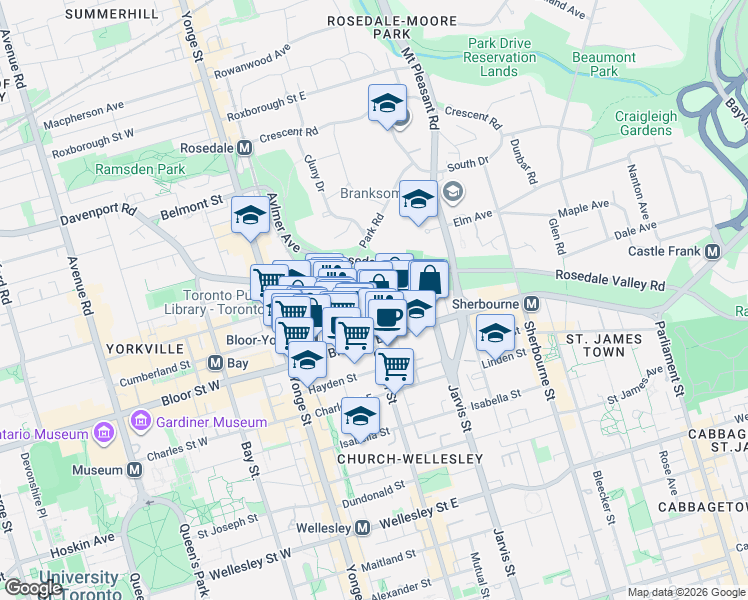 map of restaurants, bars, coffee shops, grocery stores, and more near 86 Asquith Avenue in Toronto