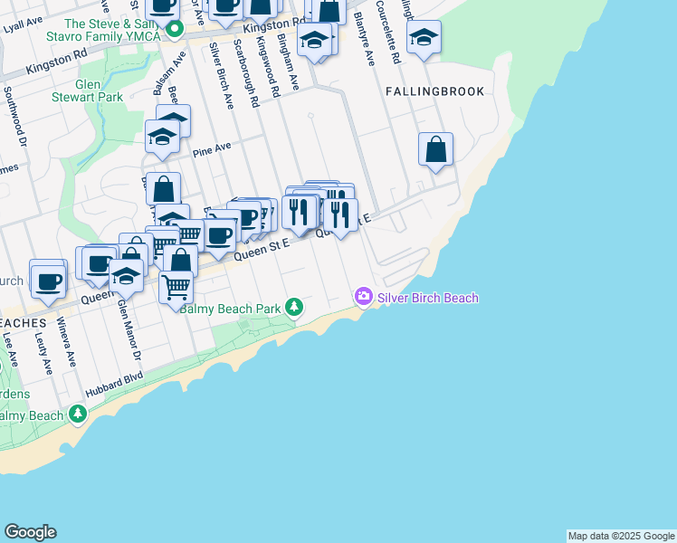 map of restaurants, bars, coffee shops, grocery stores, and more near 16 Neville Park Boulevard in Toronto