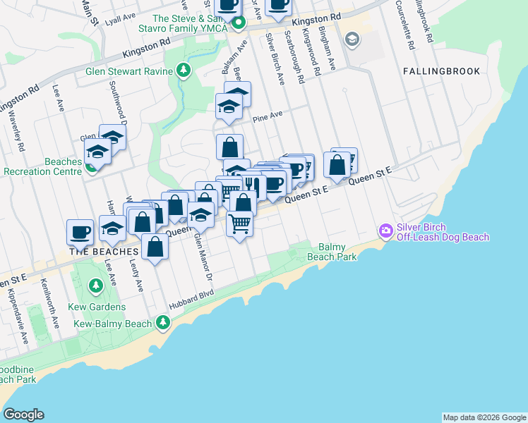 map of restaurants, bars, coffee shops, grocery stores, and more near 2367 Queen Street East in Toronto