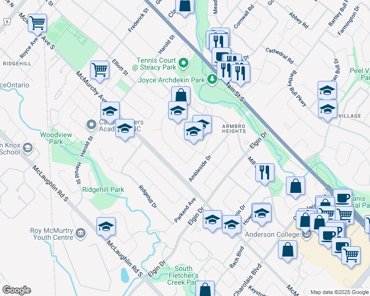 map of restaurants, bars, coffee shops, grocery stores, and more near 43 Ladore Drive in Brampton