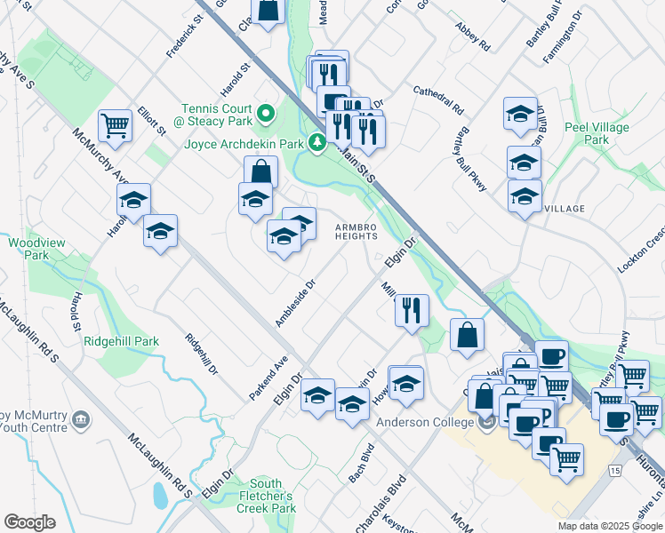 map of restaurants, bars, coffee shops, grocery stores, and more near 62 Ambleside Drive in Brampton