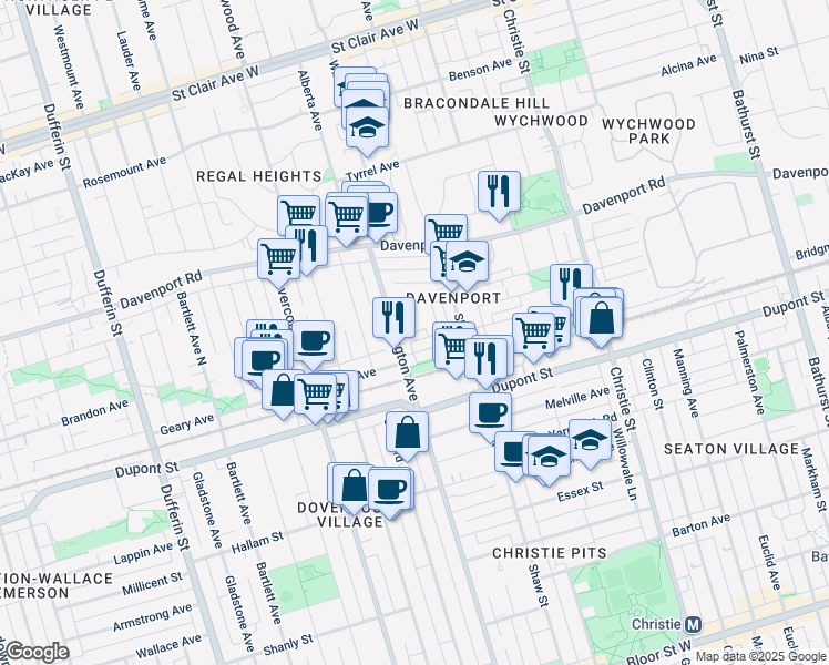 map of restaurants, bars, coffee shops, grocery stores, and more near Salvador Allende Court in Toronto