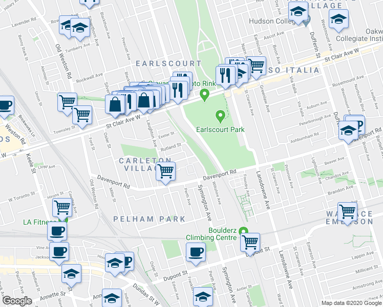 map of restaurants, bars, coffee shops, grocery stores, and more near 180 Wiltshire Avenue in Toronto