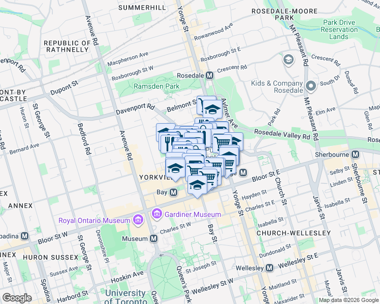 map of restaurants, bars, coffee shops, grocery stores, and more near 60 Yorkville Avenue in Toronto