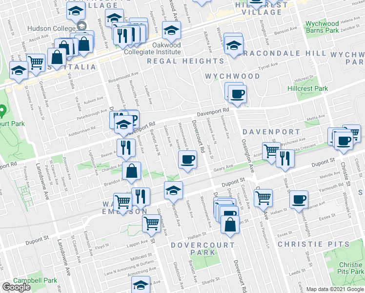 map of restaurants, bars, coffee shops, grocery stores, and more near in Toronto