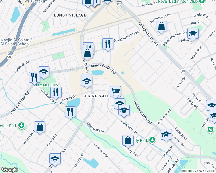 map of restaurants, bars, coffee shops, grocery stores, and more near 109 Degrassi Cove Circle in Brampton