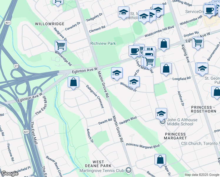 map of restaurants, bars, coffee shops, grocery stores, and more near 63 Winterton Drive in Toronto