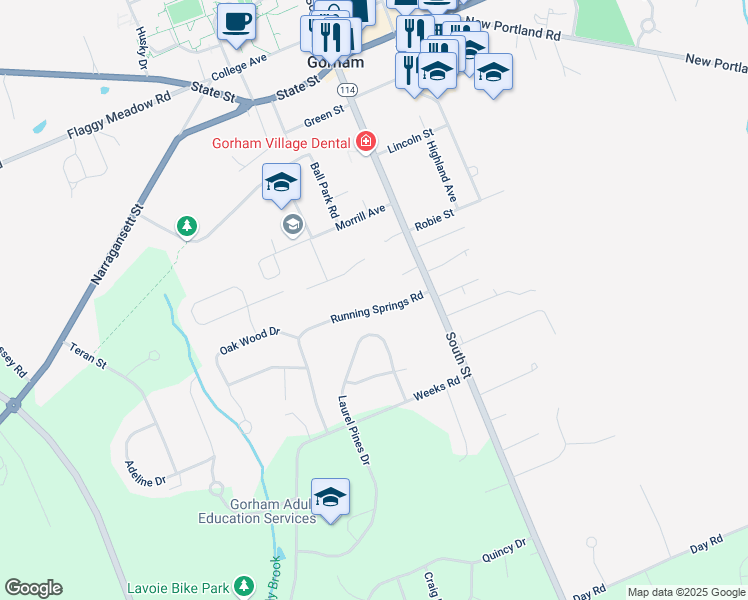 map of restaurants, bars, coffee shops, grocery stores, and more near 15 Running Springs Road in Gorham