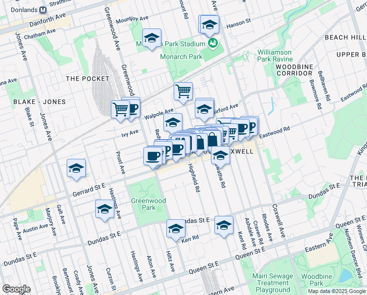 map of restaurants, bars, coffee shops, grocery stores, and more near 252 Highfield Road in Toronto