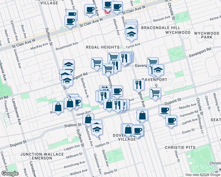 map of restaurants, bars, coffee shops, grocery stores, and more near 1154 Dovercourt Road in Toronto