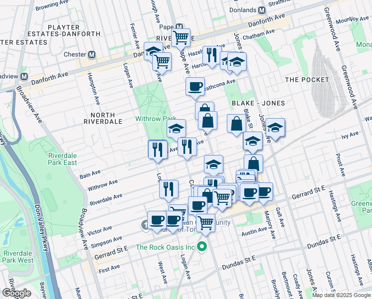 map of restaurants, bars, coffee shops, grocery stores, and more near 235 Bain Avenue in Toronto