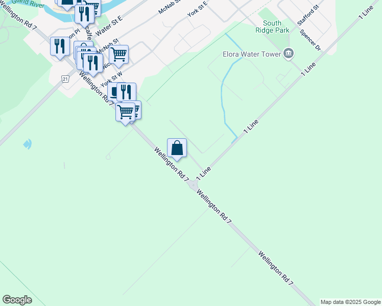 map of restaurants, bars, coffee shops, grocery stores, and more near 17 Hill Street in Elora