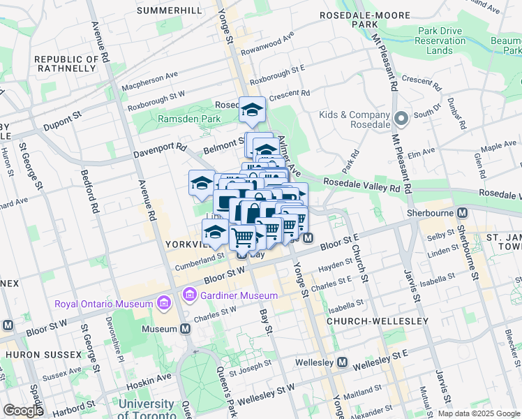 map of restaurants, bars, coffee shops, grocery stores, and more near 21 Scollard Street in Toronto