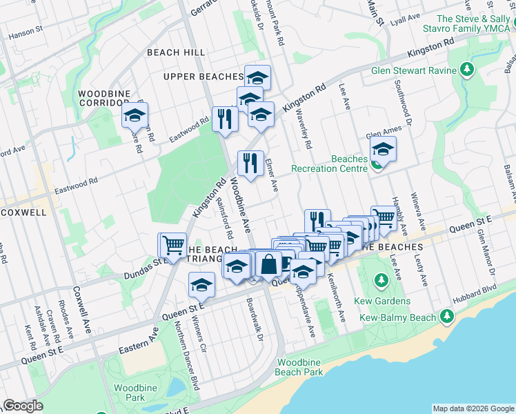 map of restaurants, bars, coffee shops, grocery stores, and more near 19 Norway Avenue in Toronto