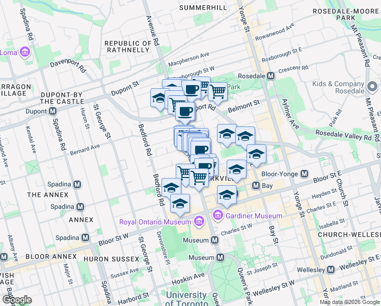 map of restaurants, bars, coffee shops, grocery stores, and more near 89 Avenue Road in Toronto