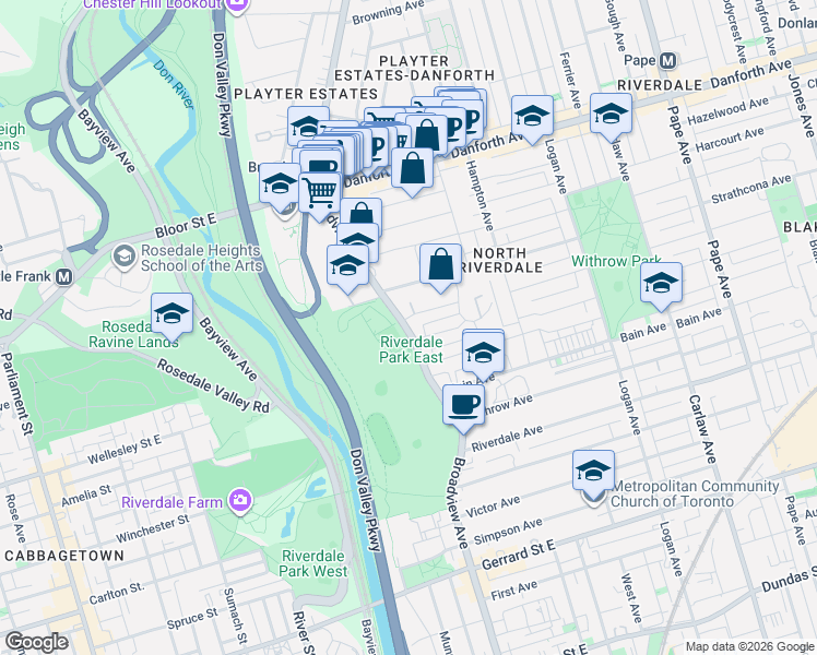 map of restaurants, bars, coffee shops, grocery stores, and more near 569 Broadview Avenue in Toronto