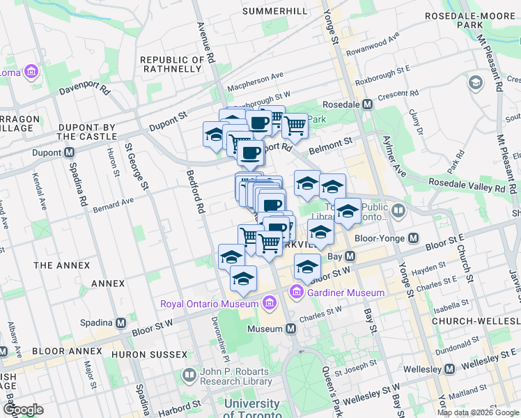 map of restaurants, bars, coffee shops, grocery stores, and more near 89 Avenue Road in Toronto