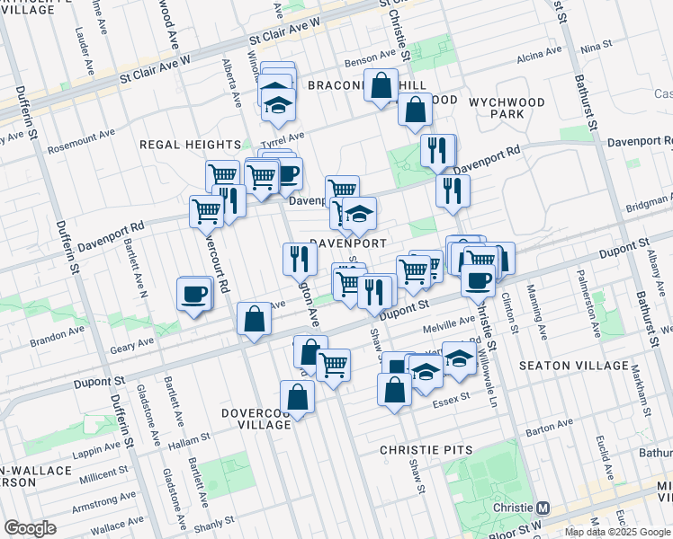 map of restaurants, bars, coffee shops, grocery stores, and more near Minho Boulevard in Toronto