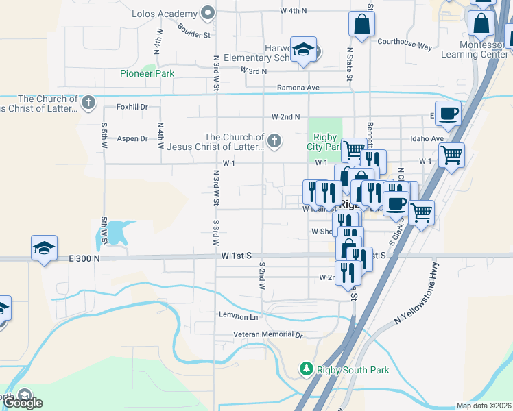 map of restaurants, bars, coffee shops, grocery stores, and more near 302 W Main St in Rigby