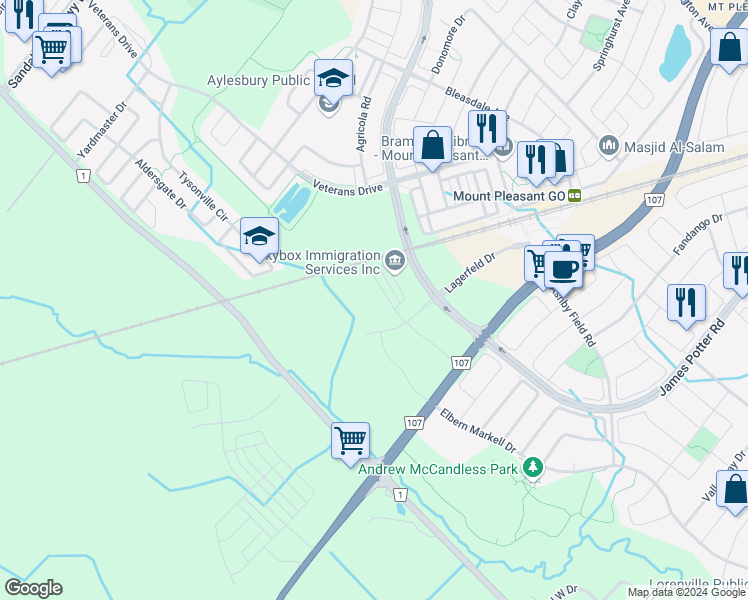 map of restaurants, bars, coffee shops, grocery stores, and more near 318 Lagerfeld Drive in Brampton